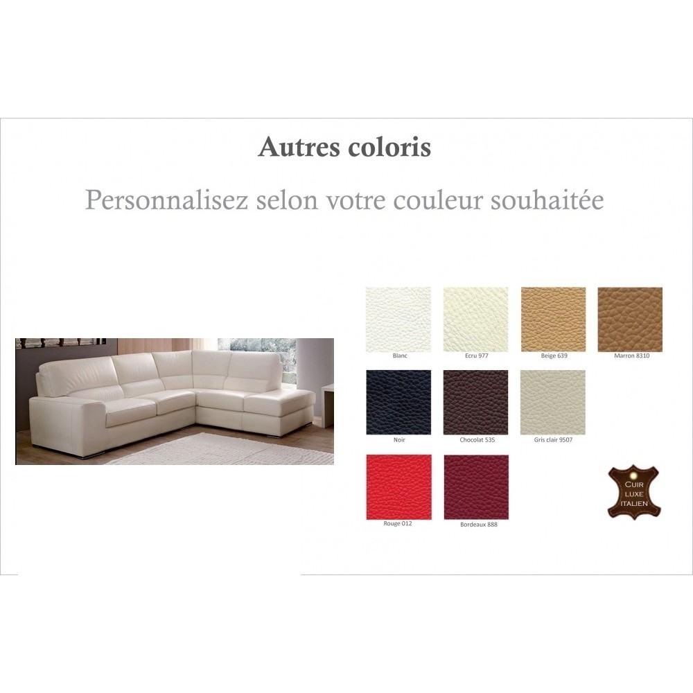 Canapé d'angle BARSANO en cuir haut de gamme italien vachette. Cuir Prestige luxe. Coueur personnalisée. Angle droit vu de face,