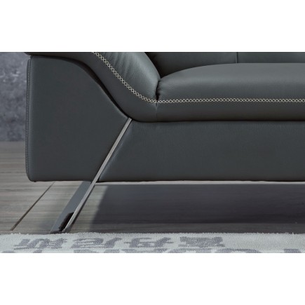 Canapé d'angle en cuir de buffle italien de luxe 5/6 places, VIDA, gris foncé et surpiqure blanche, angle droit