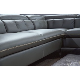 Canapé d'angle en cuir de buffle italien de luxe 5/6 places, VIDA, gris foncé et surpiqure blanche, angle droit