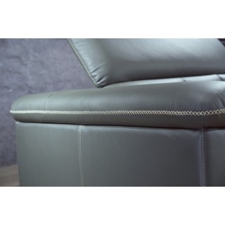 Canapé d'angle en cuir de buffle italien de luxe 5/6 places, VIDA, gris foncé et surpiqure blanche, angle droit
