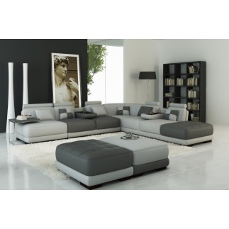 Canapé d'angle en cuir 7/8 places ELIXIR (sans le pouf), gris clair et gris foncé, angle droit