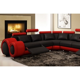 Canapé d'angle en cuir italien 5/6 places PETIT EXCELIA, noir et rouge, angle gauche