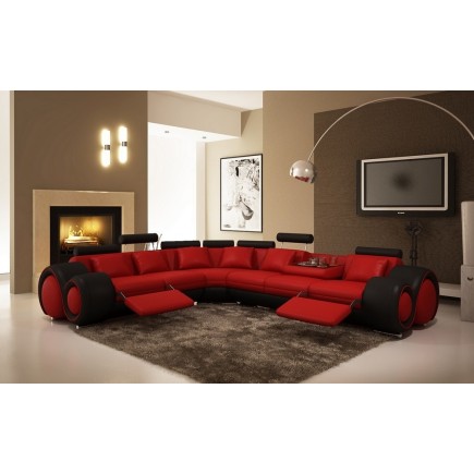 - Canapé d'angle en cuir italien 5/6 places PETIT EXCELIA, rouge et noir, angle gauche
