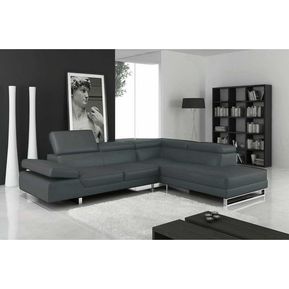 Canapé d'angle en cuir italien 5/6 places Petit GEORGE, gris foncé, angle droit