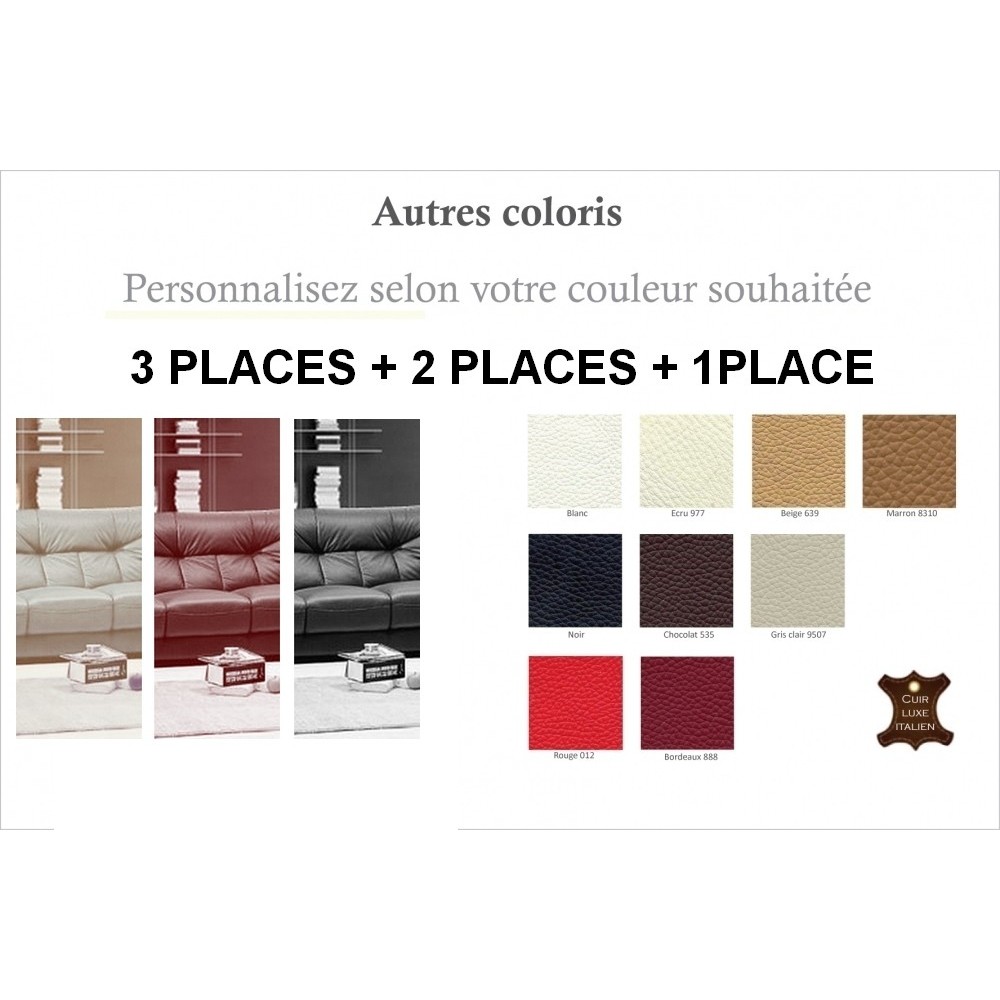 Ensemble OXFORD 3 pièces: composé d'un canapé 3 places + 2 places + fauteuil en cuir luxe italien vachette, couleur personnalisé