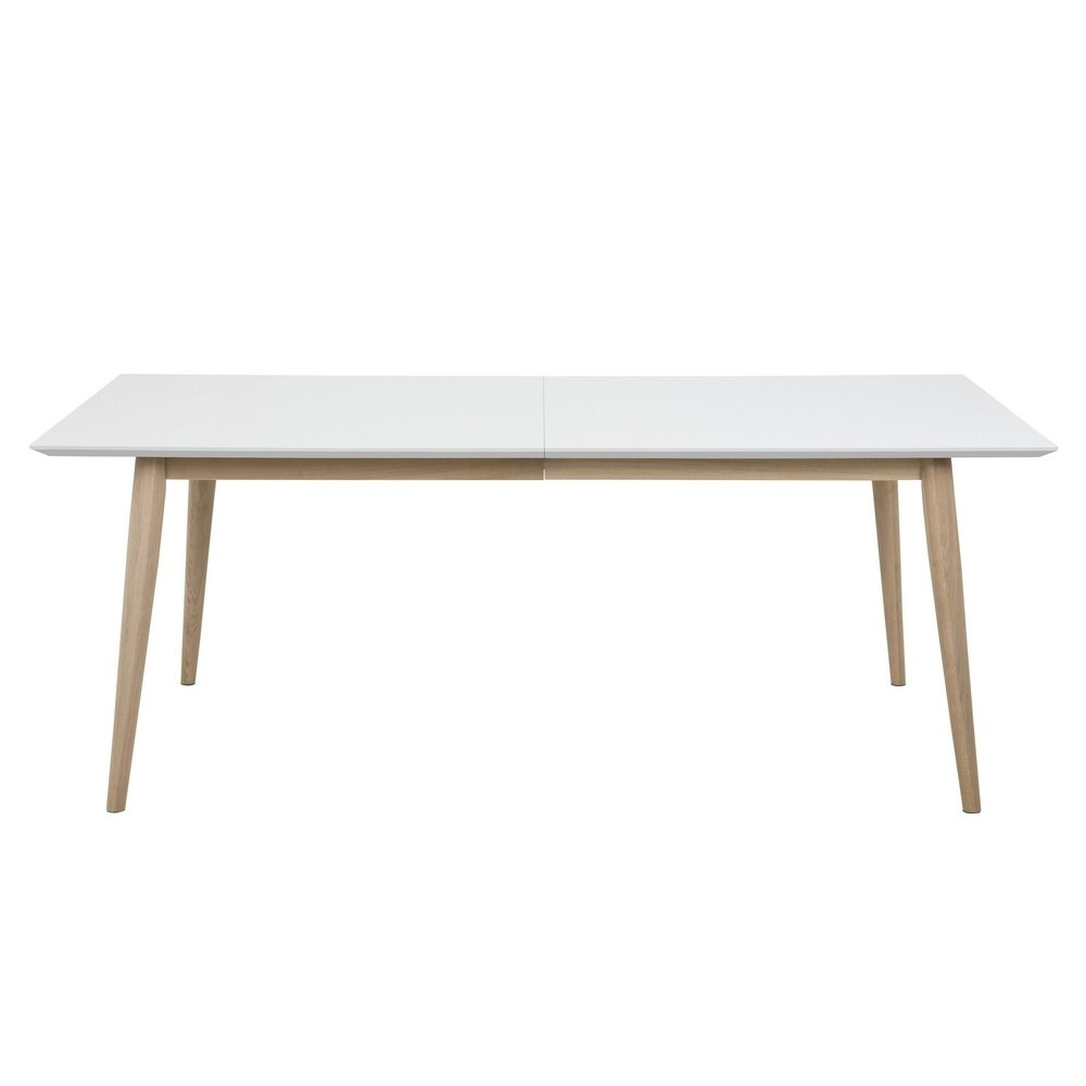 Table à manger CENZA, bois, plateau blanc laqué, bicolore bois et blanc