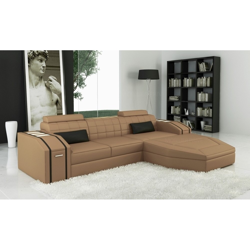 Canapé d'angle en cuir italien 5 places ELSON, beige et noir, angle droit