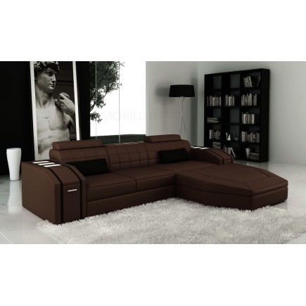 Canapé d'angle en cuir italien 5 places ELSON, chocolat et noir