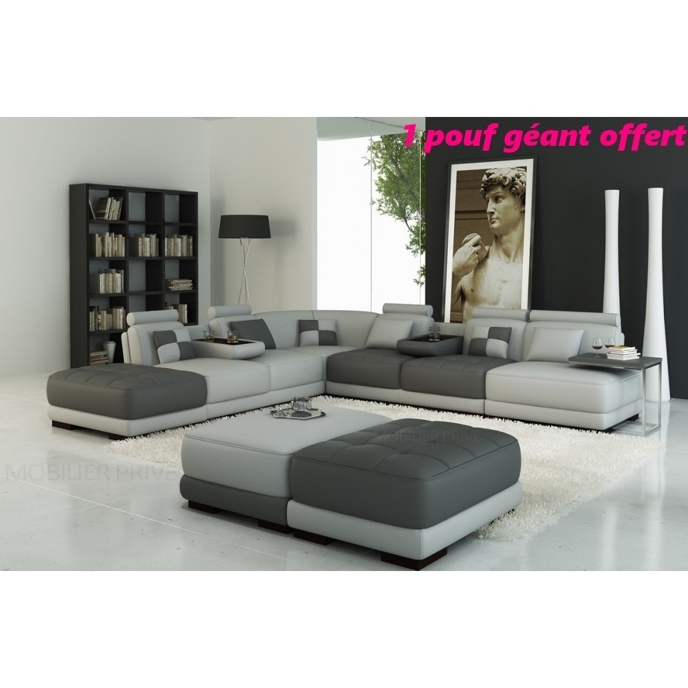 Canapé d'angle en cuir italien 7/8 places ELIXIR, gris clair et gris foncé, 1 POUF OFFERT, angle gauche