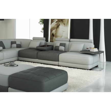Canapé d'angle en cuir italien 7/8 places ELIXIR, gris clair et gris foncé, 1 POUF OFFERT, angle gauche