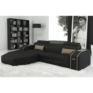 Canapé d'angle en cuir italien 5 places ELSON, noir et beige