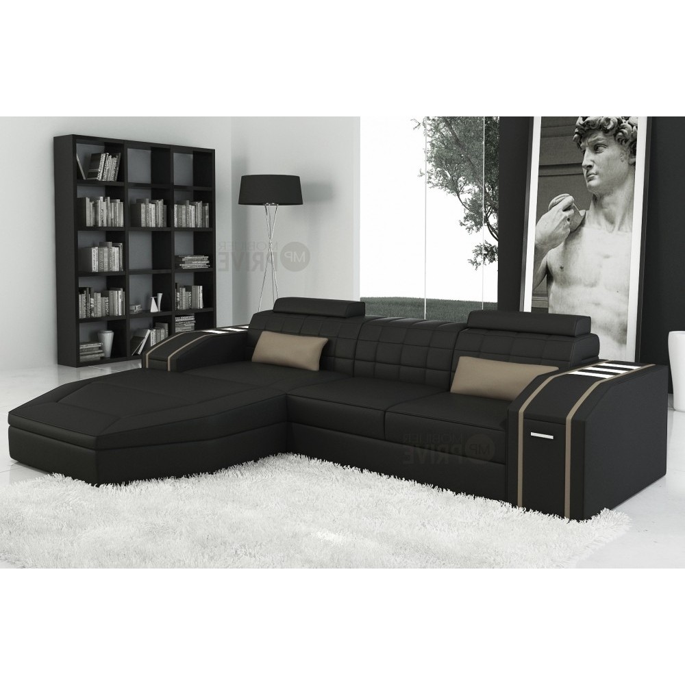 Canapé d'angle en cuir italien 5 places ELSON, noir et beige, angle gauche