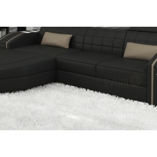 Canapé d'angle en cuir italien 5 places ELSON, noir et beige, angle gauche