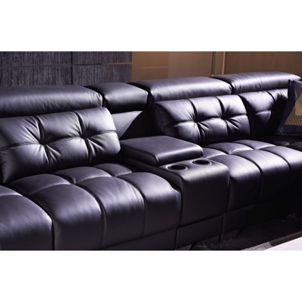 Canapé d'angle en cuir de buffle italien de luxe, 6/7 places, PRESTIGIA, noir, angle droit (vu de face)