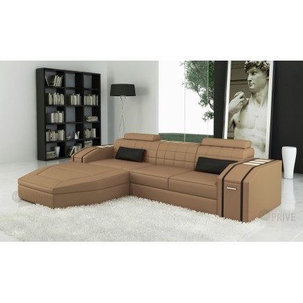 Canapé d'angle en cuir italien 5 places ELSON, beige et noir
