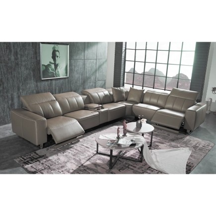 Canapé d'angle relax en cuir de buffle italien de luxe double relax électrique, 7/8 places, MONTE CARLO, couleur moka, angle dro