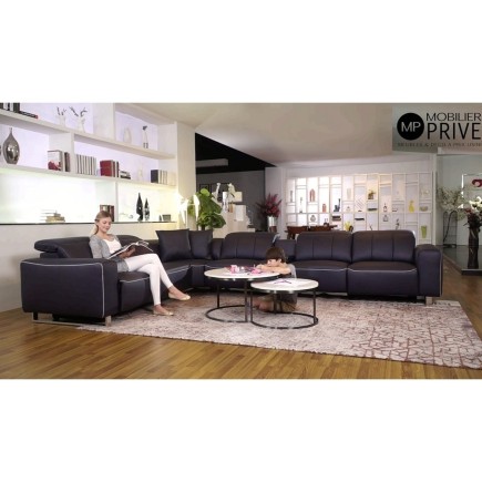Canapé d'angle relax en cuir de buffle italien de luxe avec 2 relax électriques, 7/8 places, MONTE CARLO, couleur noire, angle g