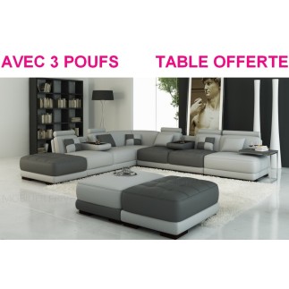 Canapé d'angle en 100% Tout Cuir intégral italien 7/8 places ELIXIR PRESTIGE, avec 3 poufs et la table, gris foncé et gris clair