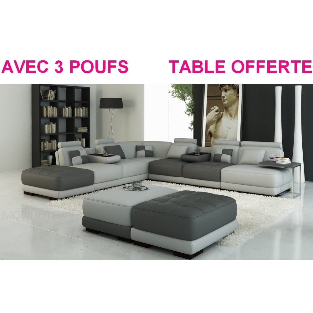 Canapé d'angle en 100% Tout Cuir intégral italien 7/8 places ELIXIR PRESTIGE, avec 3 poufs et la table, gris foncé et gris clair Canapé d'angle en 100% Tout Cuir intégral italien 7/8 places ELIXIR PRESTIGE, avec 3 poufs et la table, gris foncé et gris clair