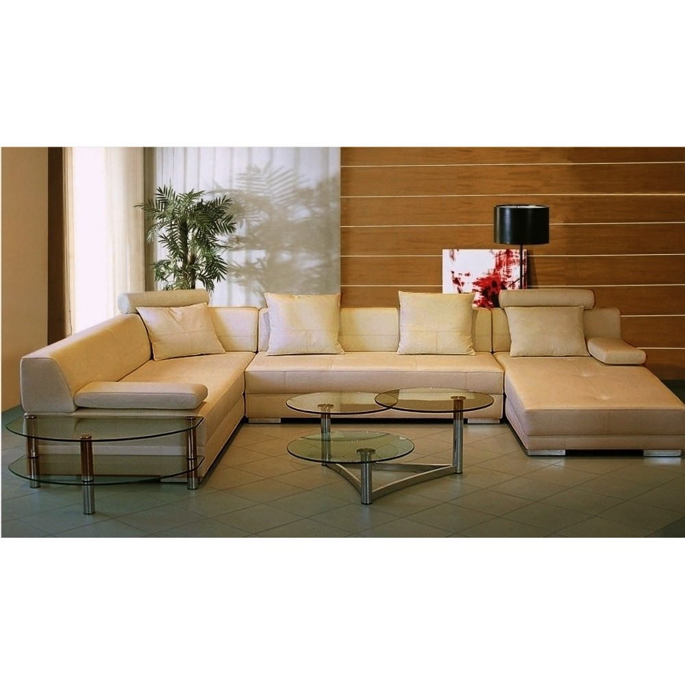 Canapé d'angle en cuir italien 8 places NAPOLI, beige, angle gauche