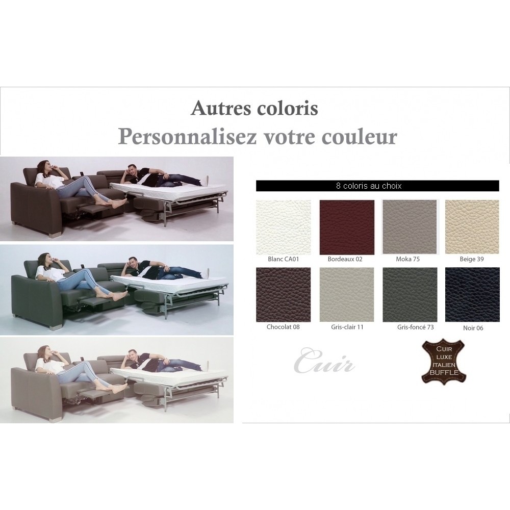 Canapé relax et convertible en cuir de buffle italien de luxe 5/6 places YUCA, couleur personnalisée