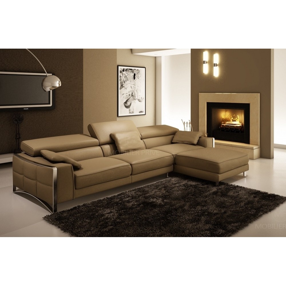 Canapé d'angle en cuir italien 5 places SUEDE, marron, angle droit