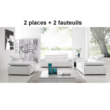 Ensemble canapés RELAXATION composé d'un 2 places et de 2 fauteuils en cuir haut de gamme italien vachette Vénésetti Blanc - Vén