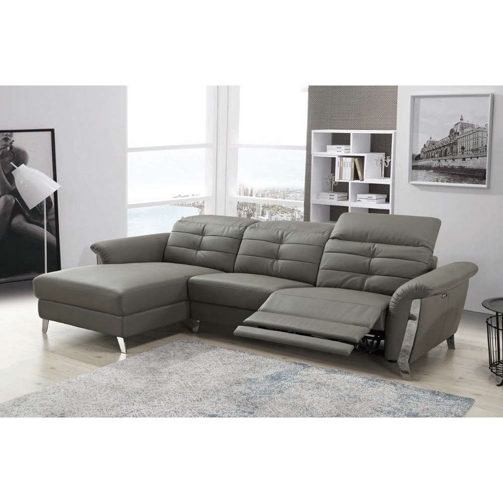 - Canapé d'angle avec un relax électrique en cuir de buffle italien de luxe, 5 places BEAURELAX gris foncé, angle gauche, POUF O