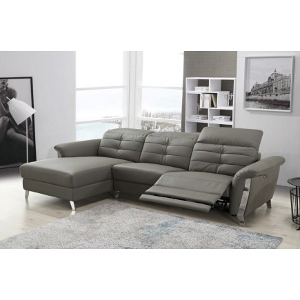- Canapé d'angle avec un relax électrique en cuir de buffle italien de luxe, 5 places BEAURELAX gris foncé, angle gauche, POUF O