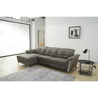 - Canapé d'angle avec un relax électrique en cuir de buffle italien de luxe, 5 places BEAURELAX gris foncé, angle gauche, POUF O