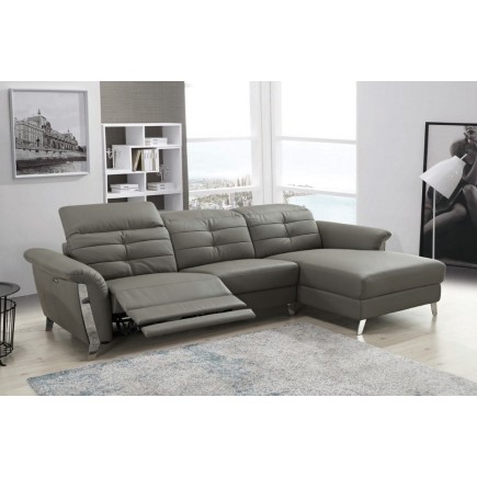 Canapé d'angle avec un relax électrique en cuir de buffle italien de luxe 5 places BEAURELAX gris foncé, angle droit, POUF OFFER
