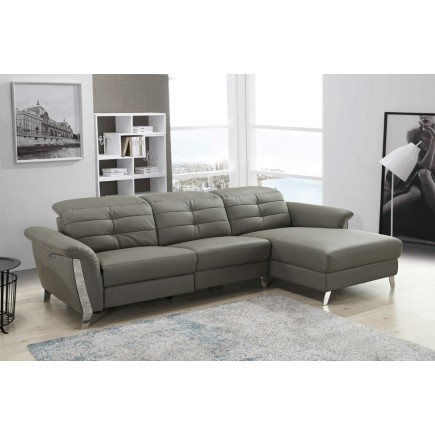 Canapé d'angle avec un relax électrique en cuir de buffle italien de luxe 5 places BEAURELAX gris foncé, angle droit, POUF OFFER