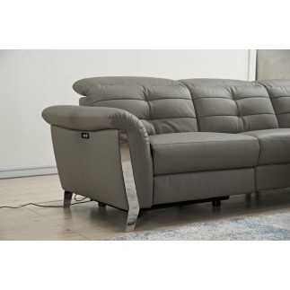 Canapé d'angle avec un relax électrique en cuir de buffle italien de luxe 5 places BEAURELAX gris foncé, angle droit, POUF OFFER