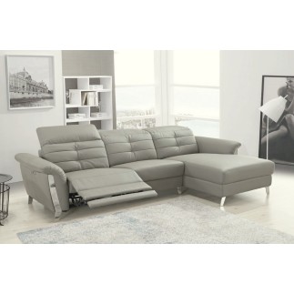 Canapé d'angle avec un relax électrique en cuir de buffle italien de luxe 5 places BEAURELAX gris clair, angle droit, POUF OFFER