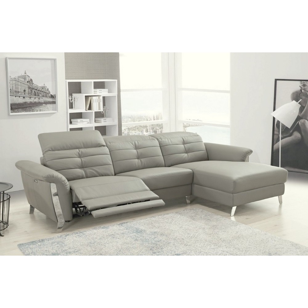 Canapé d'angle avec un relax électrique en cuir de buffle italien de luxe 5 places BEAURELAX gris clair, angle droit, POUF OFFER
