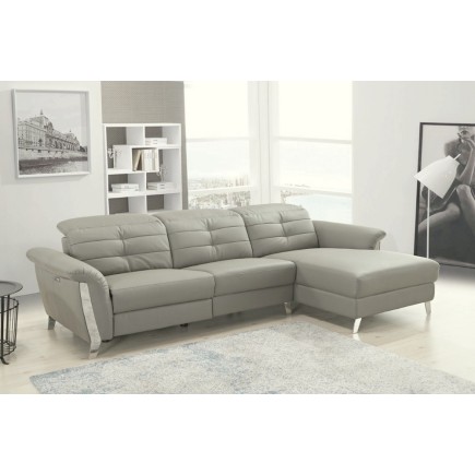 Canapé d'angle avec un relax électrique en cuir de buffle italien de luxe 5 places BEAURELAX gris clair, angle droit, POUF OFFER