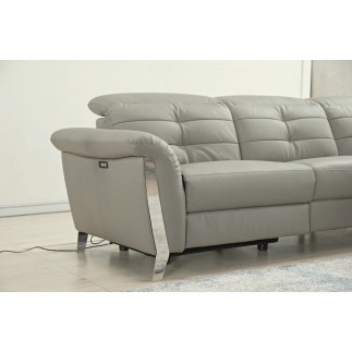 Canapé d'angle avec un relax électrique en cuir de buffle italien de luxe 5 places BEAURELAX gris clair, angle droit, POUF OFFER
