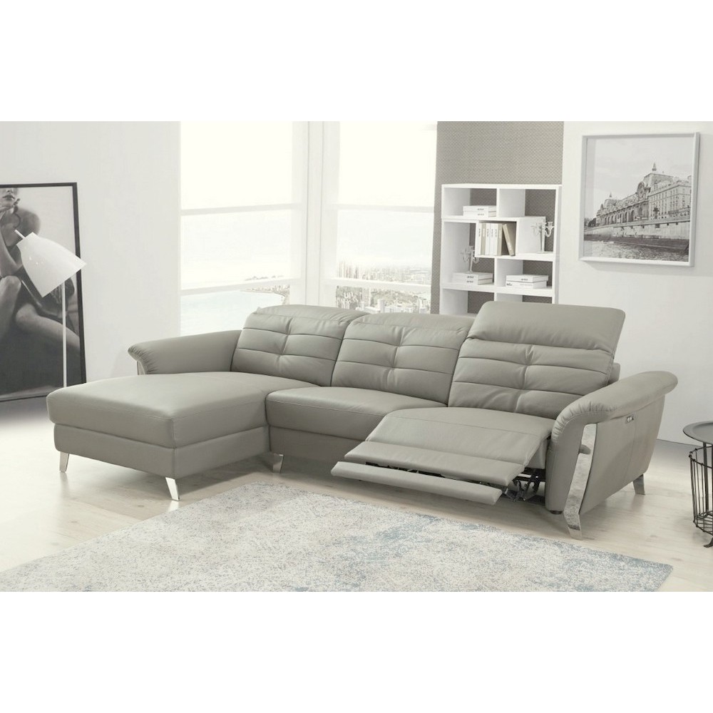 - Canapé d'angle avec un relax électrique en cuir de buffle italien de luxe, 5 places BEAURELAX gris clair, angle gauche, POUF O
