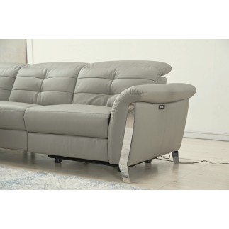 - Canapé d'angle avec un relax électrique en cuir de buffle italien de luxe, 5 places BEAURELAX gris clair, angle gauche, POUF O