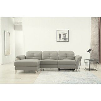 - Canapé d'angle avec un relax électrique en cuir de buffle italien de luxe, 5 places BEAURELAX gris clair, angle gauche, POUF O