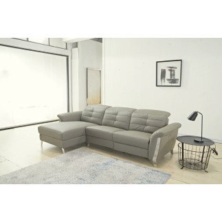 - Canapé d'angle avec un relax électrique en cuir de buffle italien de luxe, 5 places BEAURELAX gris clair, angle gauche, POUF O