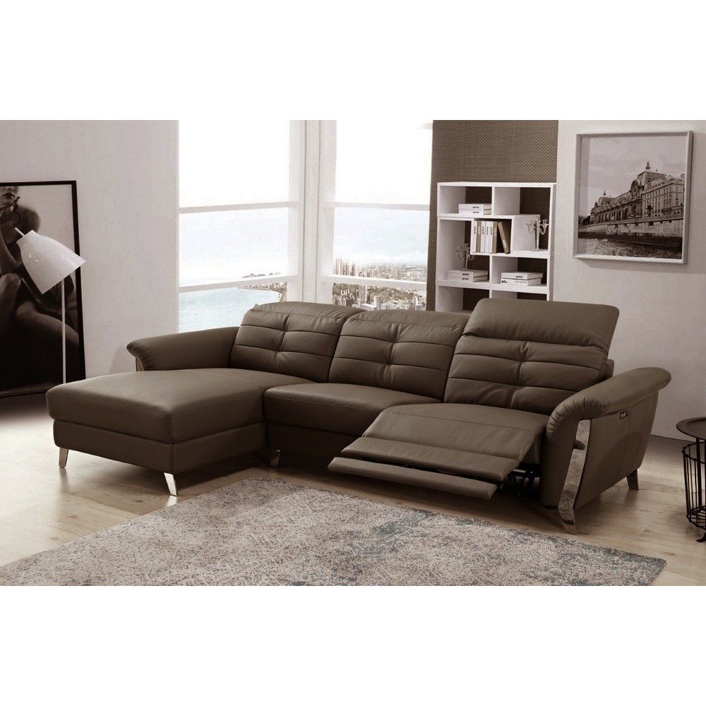 - Canapé d'angle avec un relax électrique en cuir de buffle italien de luxe, 5 places BEAURELAX chocolat, angle gauche, POUF OFF