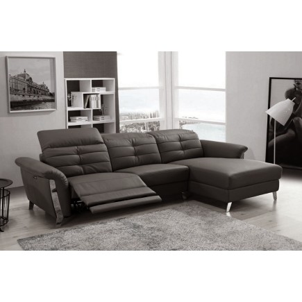 Canapé d'angle avec un relax électrique en cuir de buffle italien de luxe 5 places BEAURELAX noir, angle droit, POUF OFFERT
