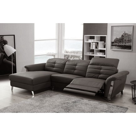 - Canapé d'angle avec un relax électrique en cuir de buffle italien de luxe, 5 places BEAURELAX noir, angle gauche, POUF OFFERT