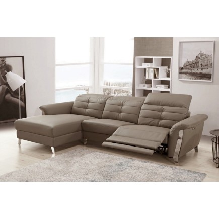 - Canapé d'angle avec un relax électrique en cuir de buffle italien de luxe, 5 places BEAURELAX moka, angle gauche, POUF OFFERT