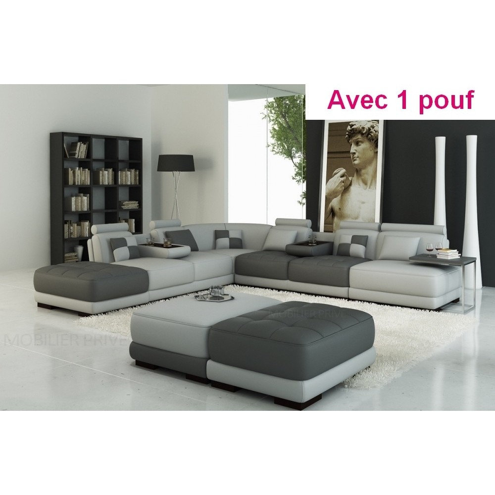 Canapé d'angle en cuir italien 7/8 places ELIXIR, gris clair et gris foncé, avec un pouf inclus, angle gauche