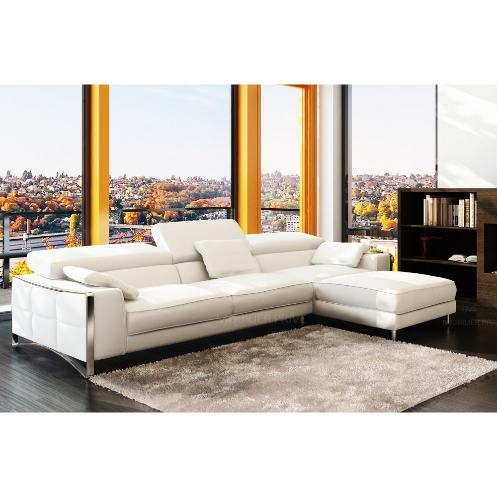 Canapé d'angle en cuir italien 5 places SUEDE, blanc, angle droit