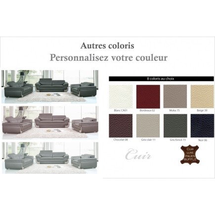 Ensemble Canapé 3 places et 2 places et fauteuil 1 place en cuir italien buffle ITALINA, couleurs personnalisées avec surpiqure