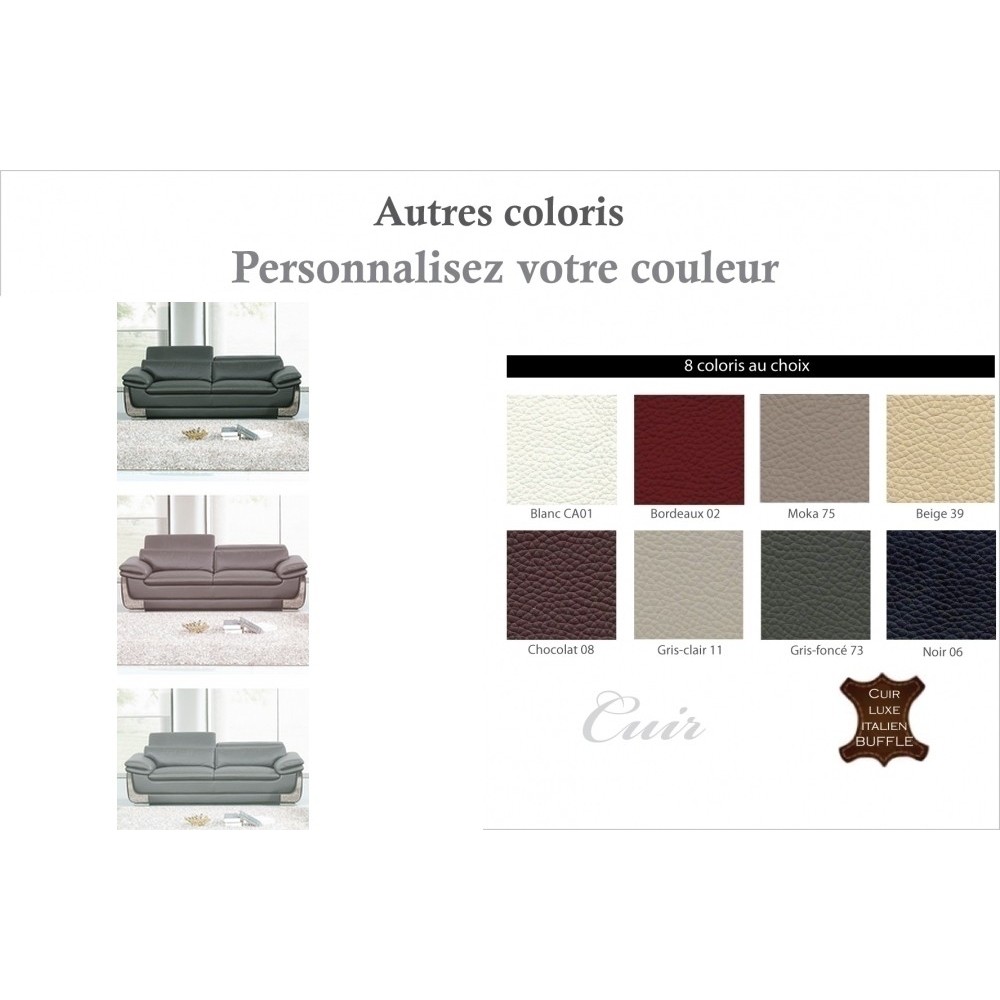 Canapé 3 places en cuir italien buffle ITALINA, couleurs personnalisées avec surpiqure, Autres couleurs