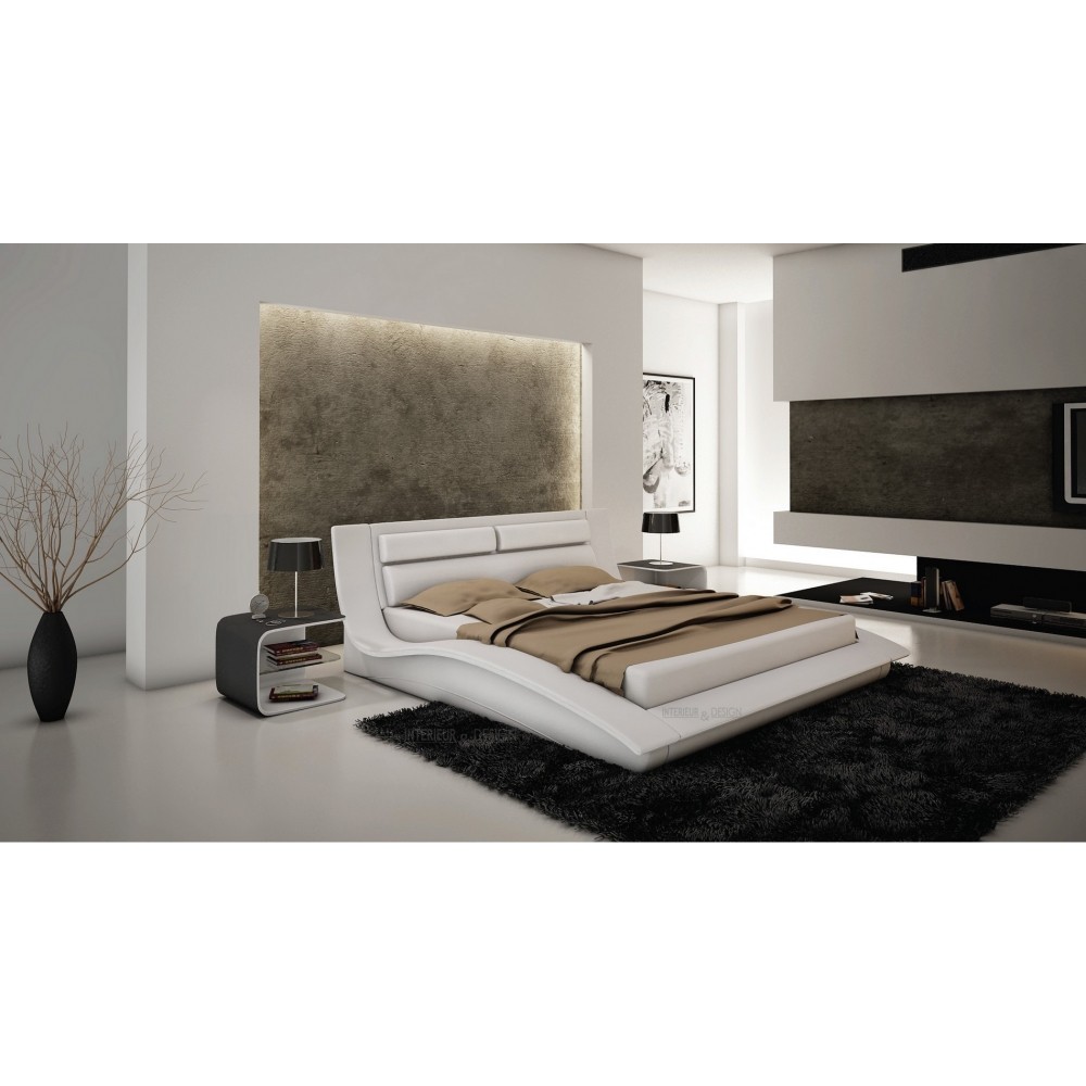 Lit cuir ARNO contemporain 140x190 Blanc Avec le sommier à lattes Pas de chevet